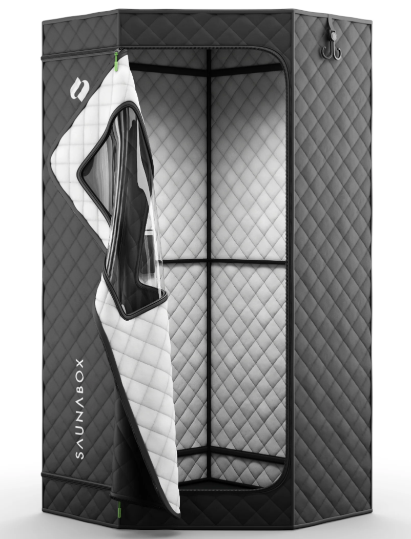 SaunaBox smartsteam kit pro portable sauna with quilted cover, shown open and ready for use.